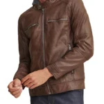 Men Hooded Brown Faux Leather Jacket