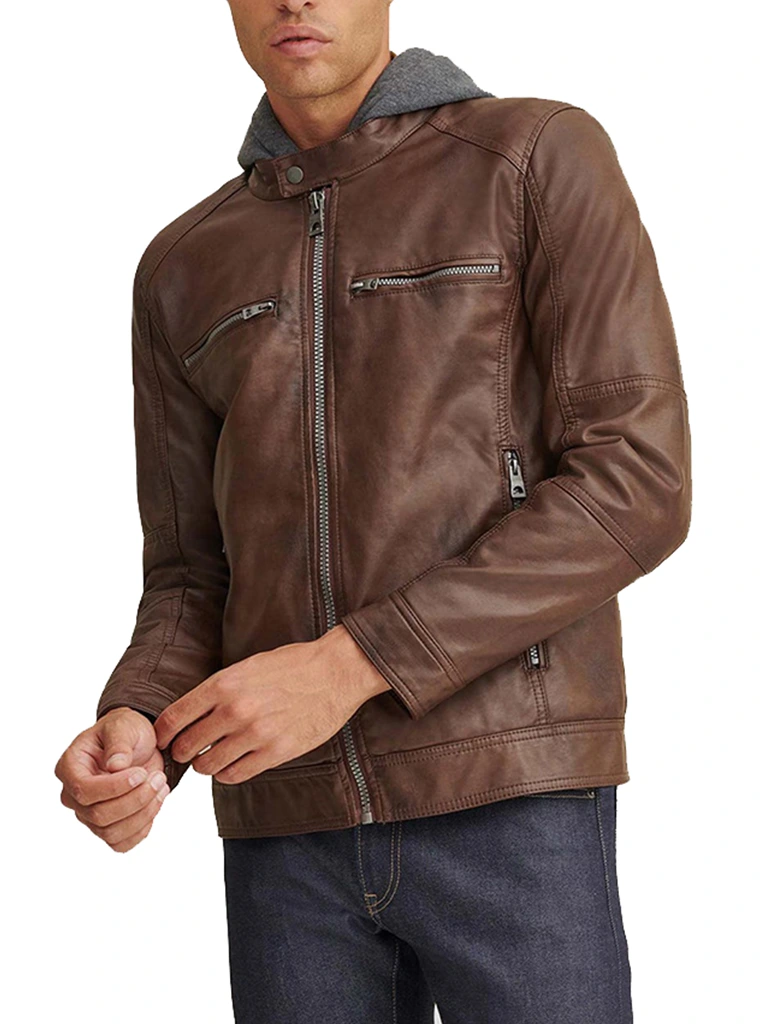 Men Hooded Brown Faux Leather Jacket