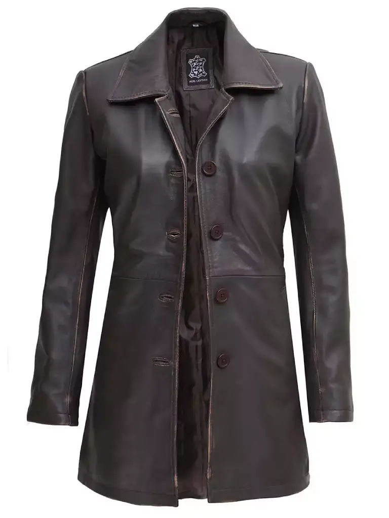 Womens Distressed Brown Leather Coat