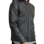 Mens Faux Black Leather Jacket With Removable Hood