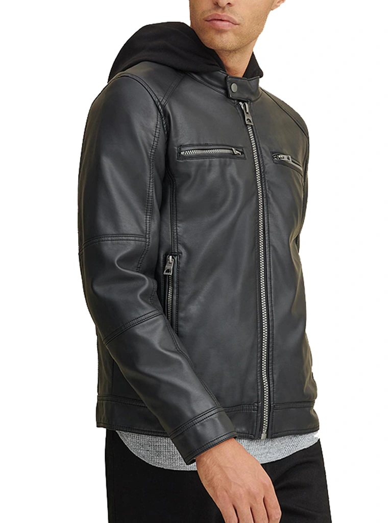 Mens Faux Black Leather Jacket With Removable Hood