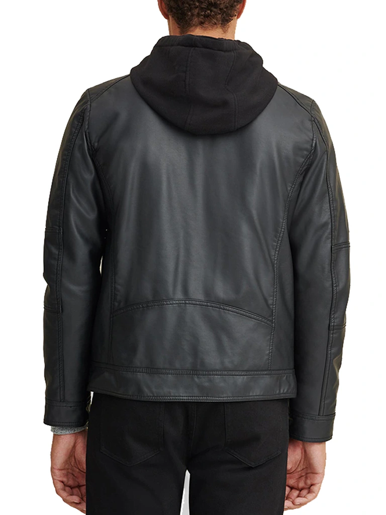 Mens Faux Leather Jacket With Removable Hood