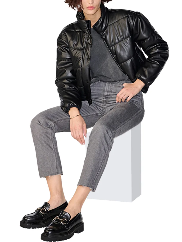womens Faux Leather puffer Jacket
