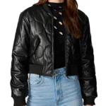 Womens Faux Leather Quilted Cropped Jacket