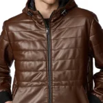 Hooded Style Faux Brown Leather Jacket