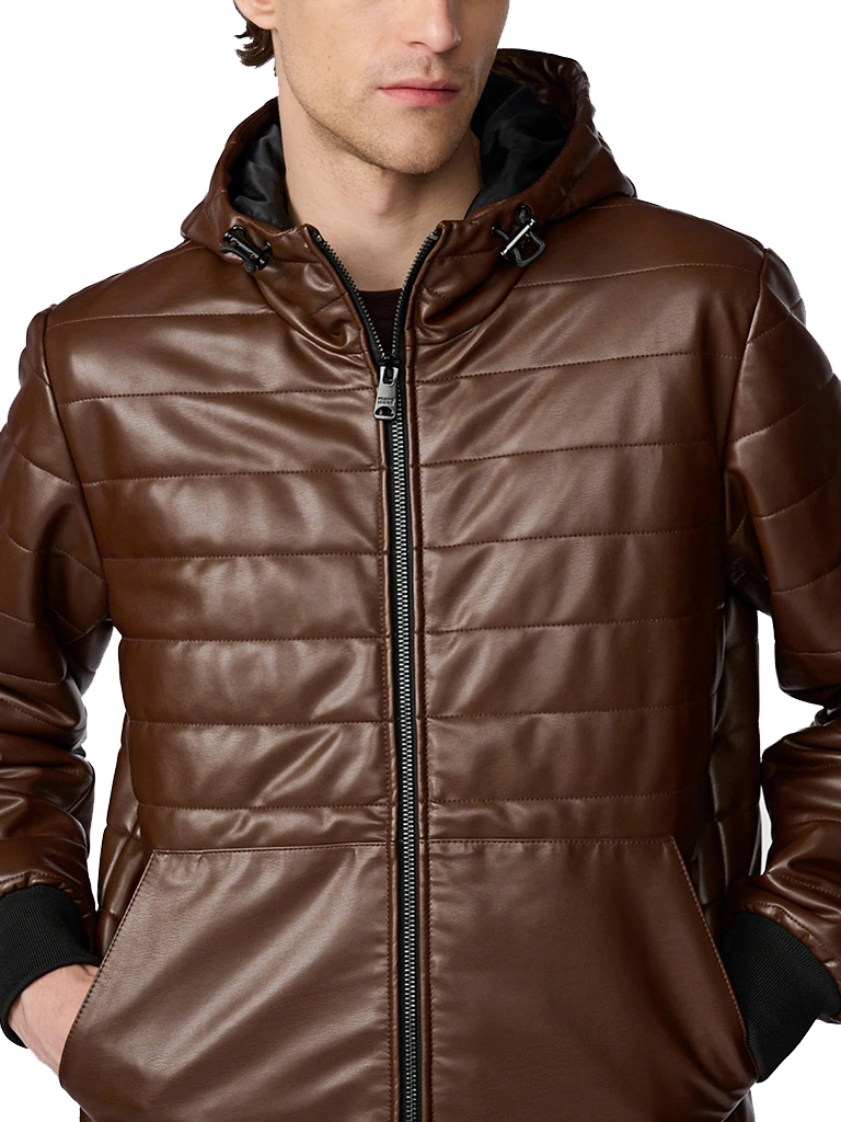 Hooded Style Faux Brown Leather Jacket