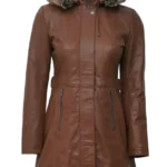 With Fur Trim Removable Hood Brown Leather Coat