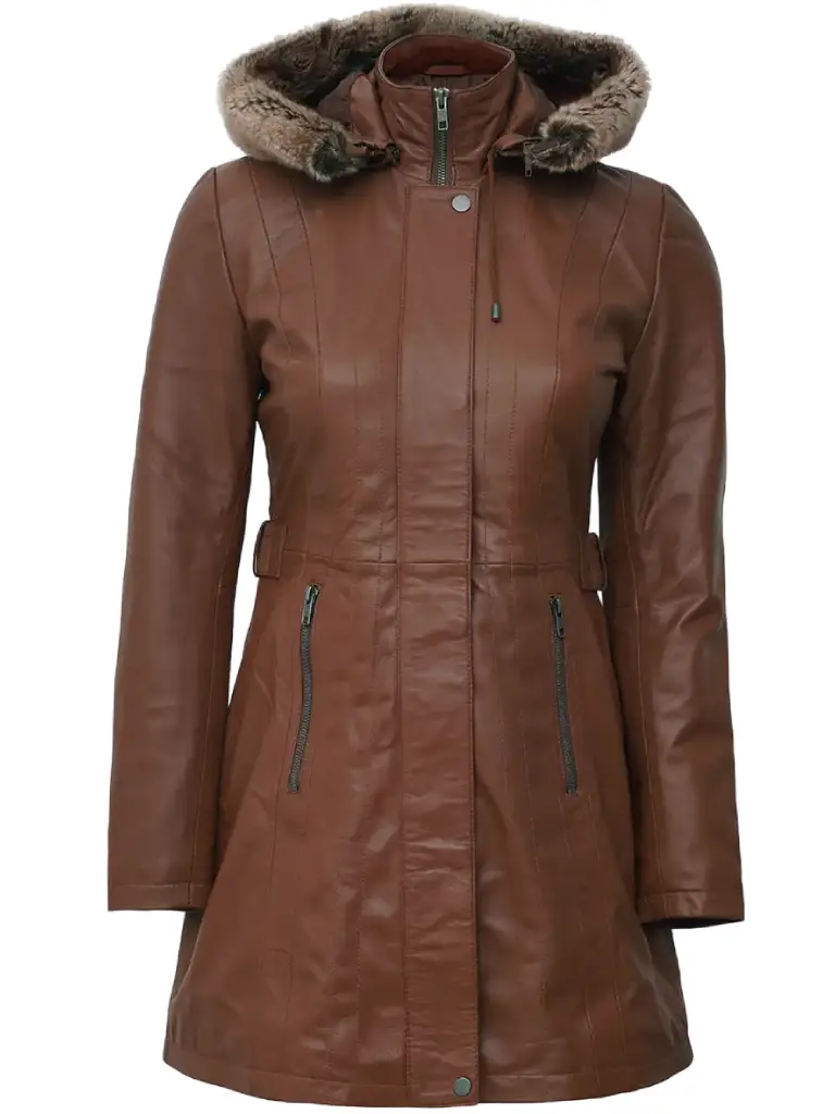 With Fur Trim Removable Hood Brown Leather Coat
