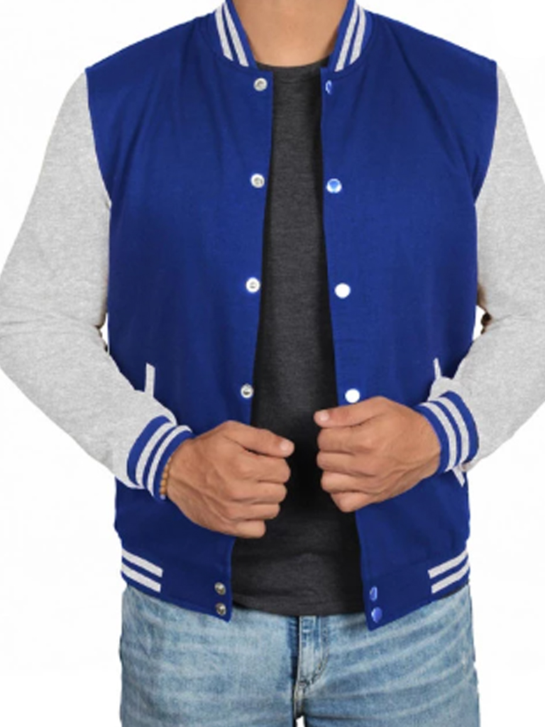 Men Grey and Royal Blue comfortable Varsity Jacket
