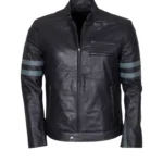Mens Blue Stripe Retro Black Cafe Racer Jacket
