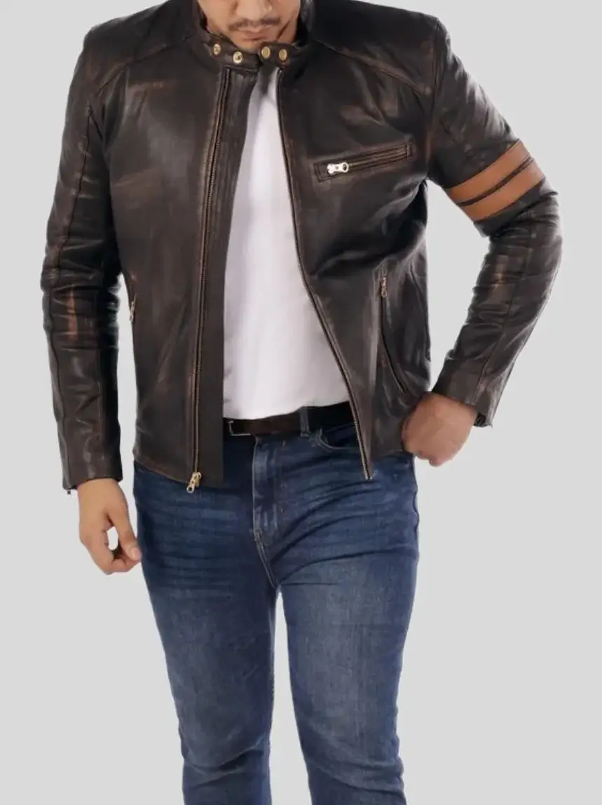 Mens Cafe Racer Biker Leather Jacket