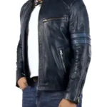 Mens navy Blue Biker Leather Jacket