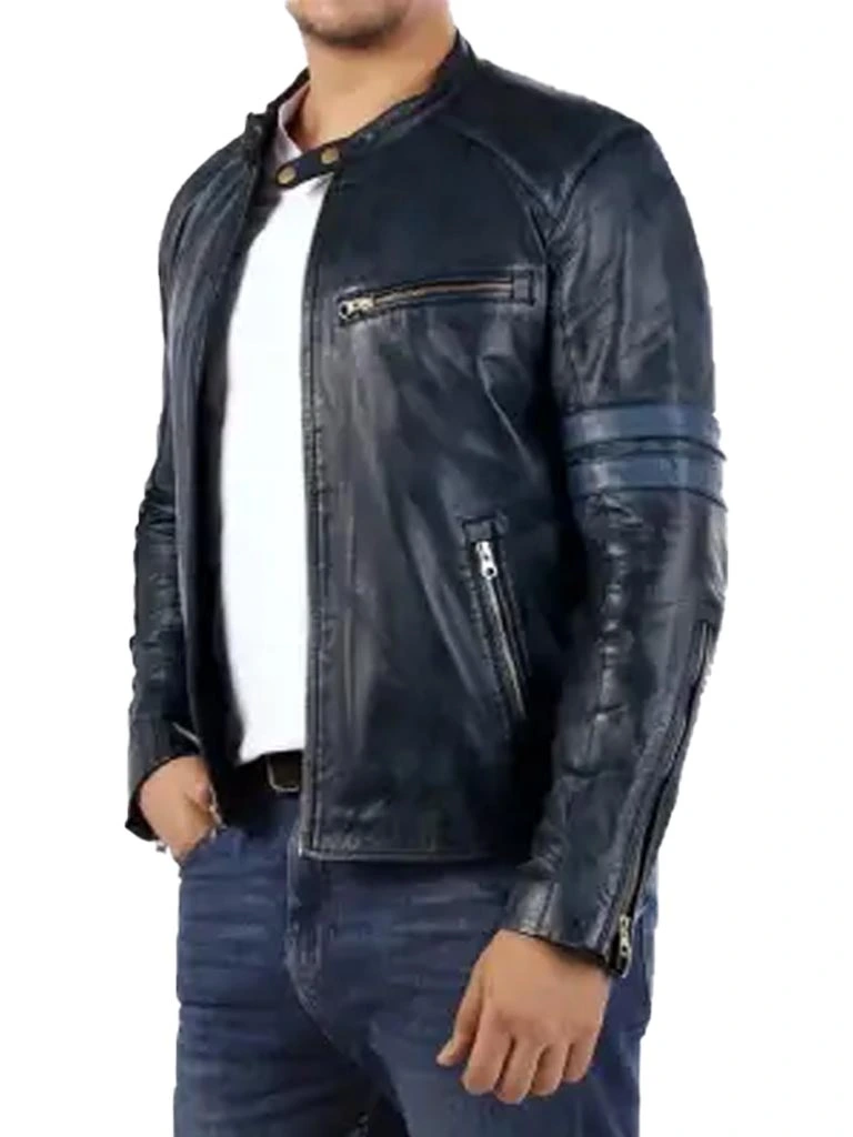 Mens navy Blue Biker Leather Jacket
