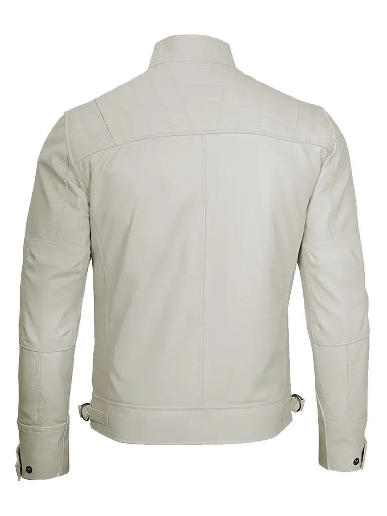 Off White Quilted Shoulder Cafe Racer Leather Jacket