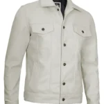 Mens Stylish Four Pockets Trucker Off White Leather Jacket