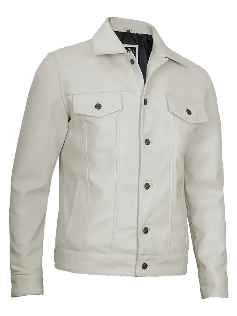 Mens Stylish Four Pockets Trucker Off White Leather Jacket