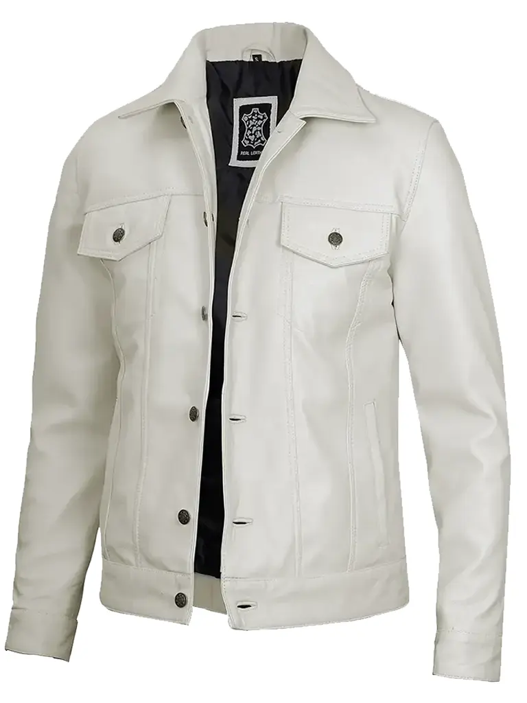 Mens Stylish Four Pockets Trucker Off White Jacket