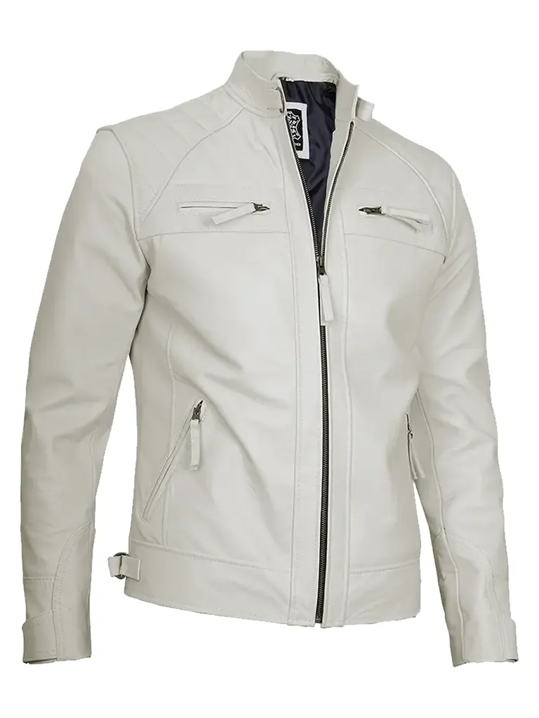 Off White Quilted Shoulder Cafe Racer Jacket