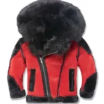 Mens Red Insulated Fur Hooded Jacket