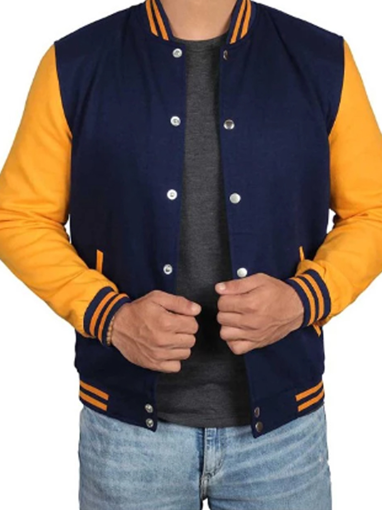 Mens Navy Blue and Yellow baseball Varsity Jacket