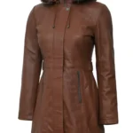 Removable Hood Brown Leather Coat With Fur Trim