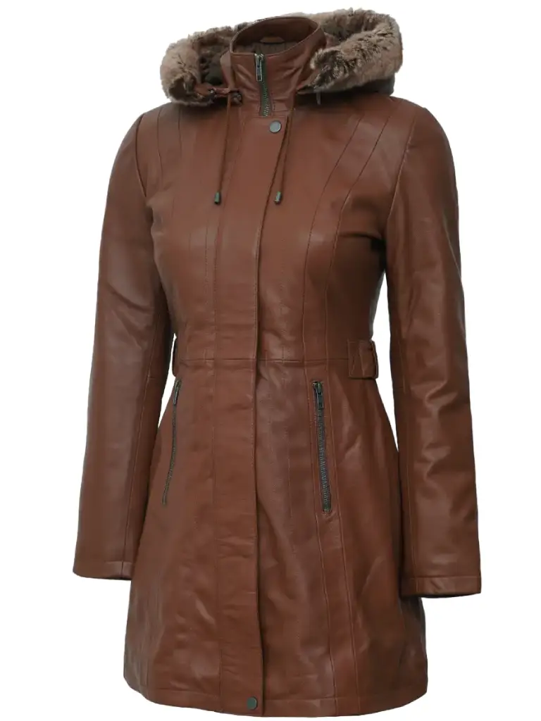Removable Hood Brown Leather Coat With Fur Trim