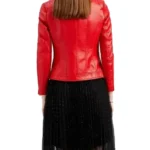 Women Red Quilted Cafe Racer Jacket