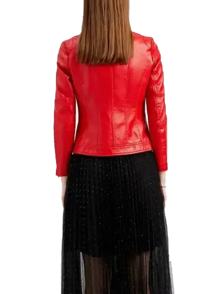 Women Red Quilted Cafe Racer Jacket