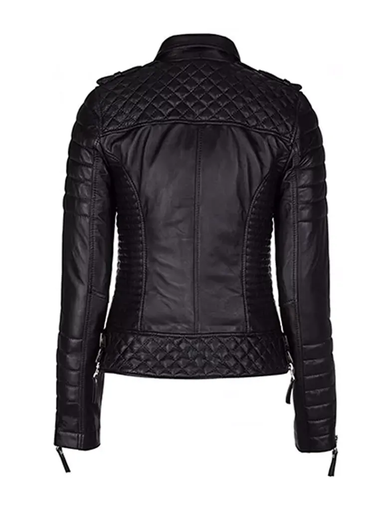 Women's Black Diamond Leather Biker Jacket