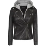 Women Black Hooded Leather Jacket