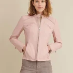Womens Baby Pink Leather Jacket Sheepskin Biker