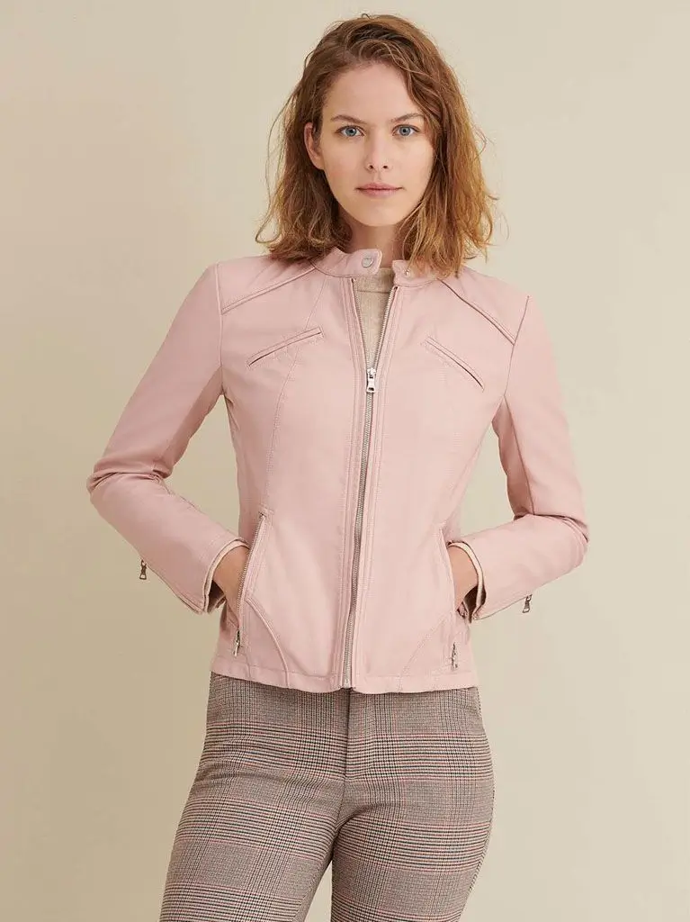 Womens Baby Pink Leather Jacket Sheepskin Biker