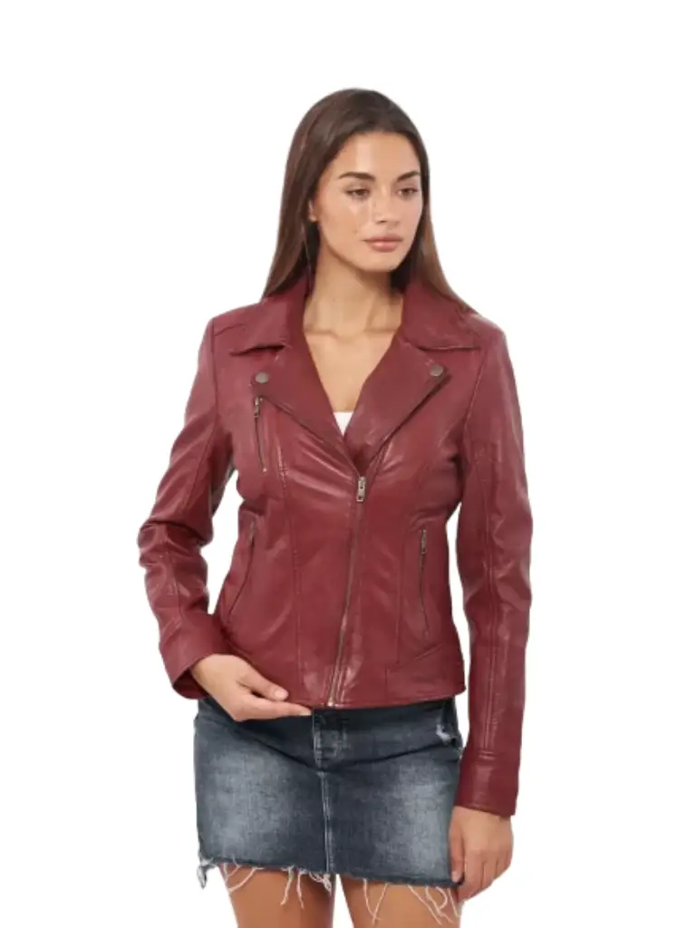 Women motorcycle dark Red Leather Jacket