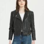 Womens Black Biker Leather Jacket Front Open