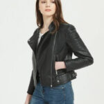 Womens Black Biker Leather Jacket Side