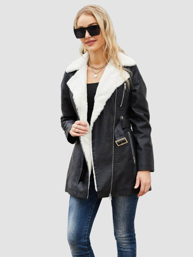 Womens Black Coat Faux Fur Leather Front Open