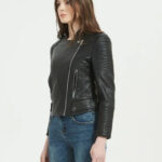 Womens Black Leather Biker Jacket Side Close