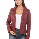 Womens Dark Red biker Leather Jacket