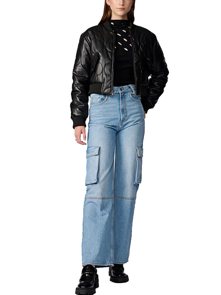 Womens Faux black Leather Quilted Cropped Jacket