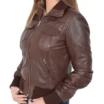 Womens Side Brown Bomber Leather Jacket