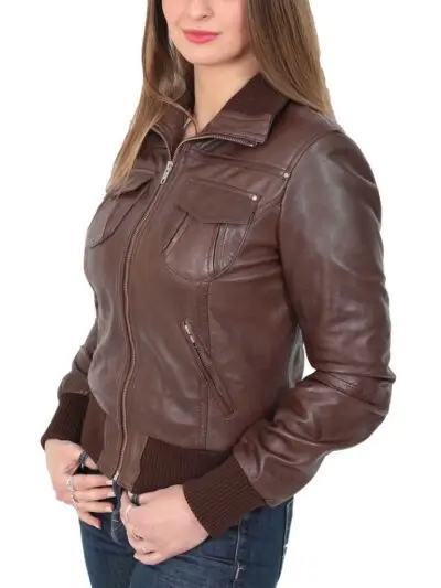 Womens Side Brown Bomber Leather Jacket