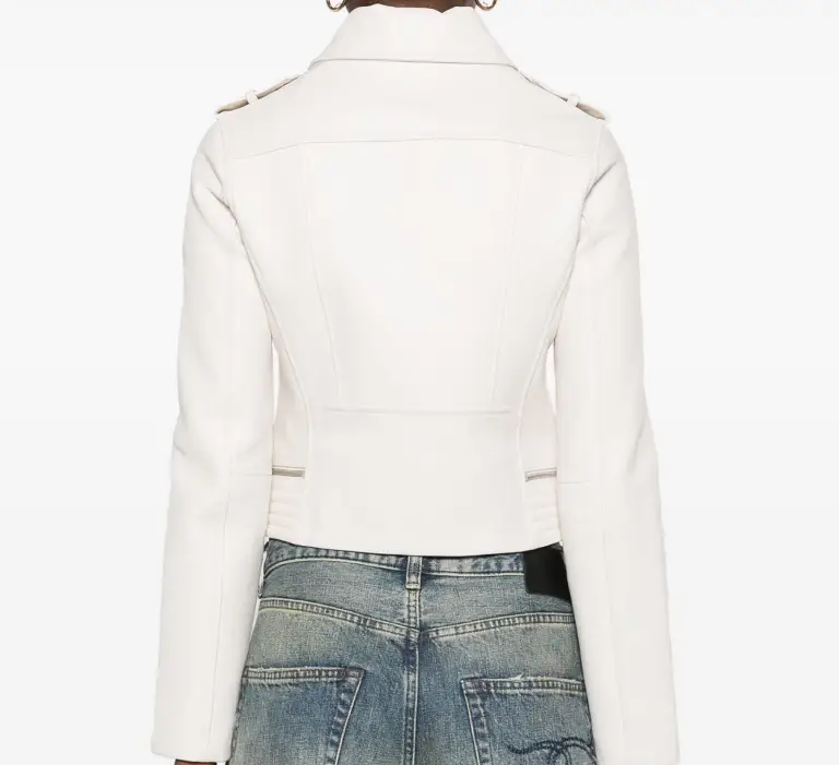 Womens deatiling mateless white leather biker jacket