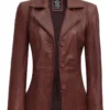 Women Brown 3 Length Leather Coat