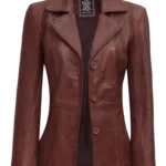 Women Brown 3 Length Leather Coat
