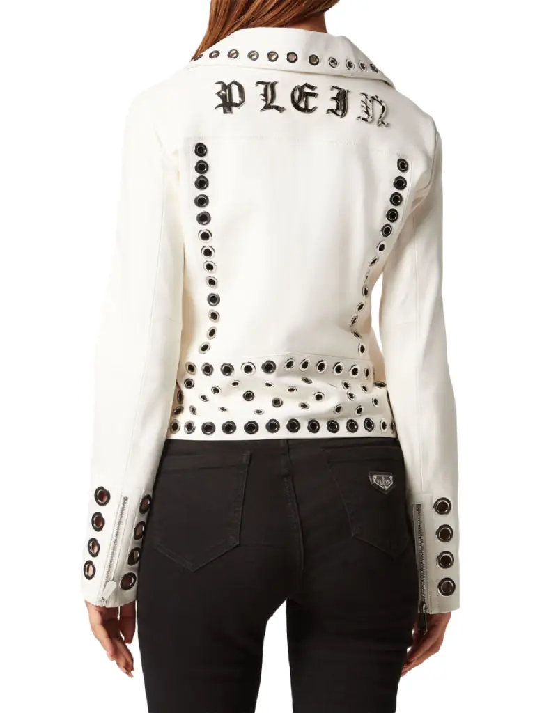 womens eyelet white leather biker jacket