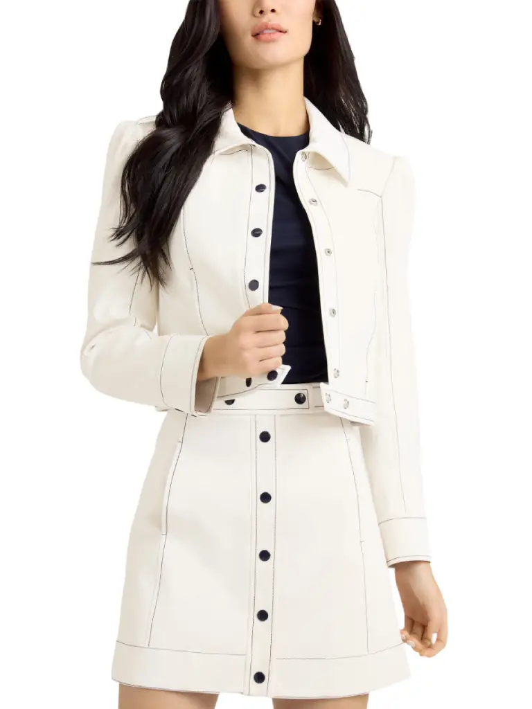 women Contrast Stitch white leather jacket