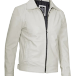 Shirt Collar Off White Leather Jacket