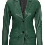 Women's Dark Green Genuine Leather Blazer