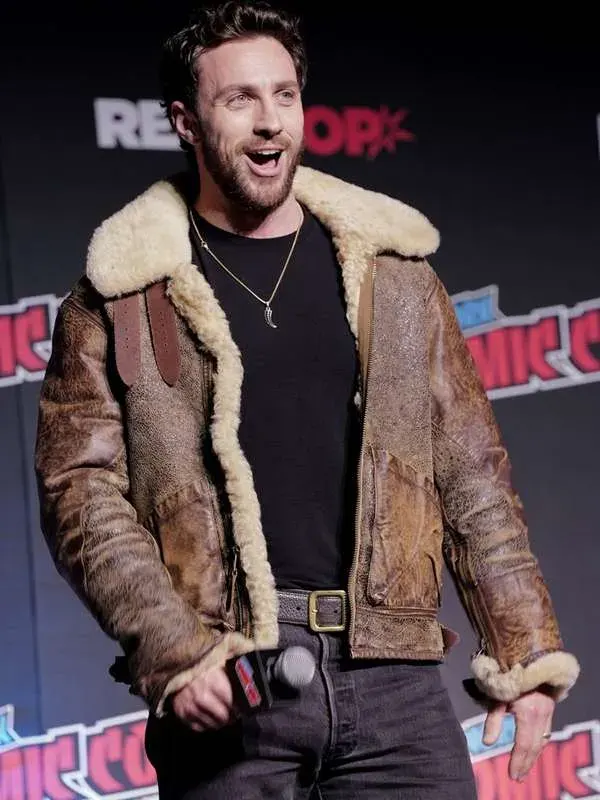 Aaron-Taylor-Johnson-Comic-Con-Shearling-Leather-Jacket