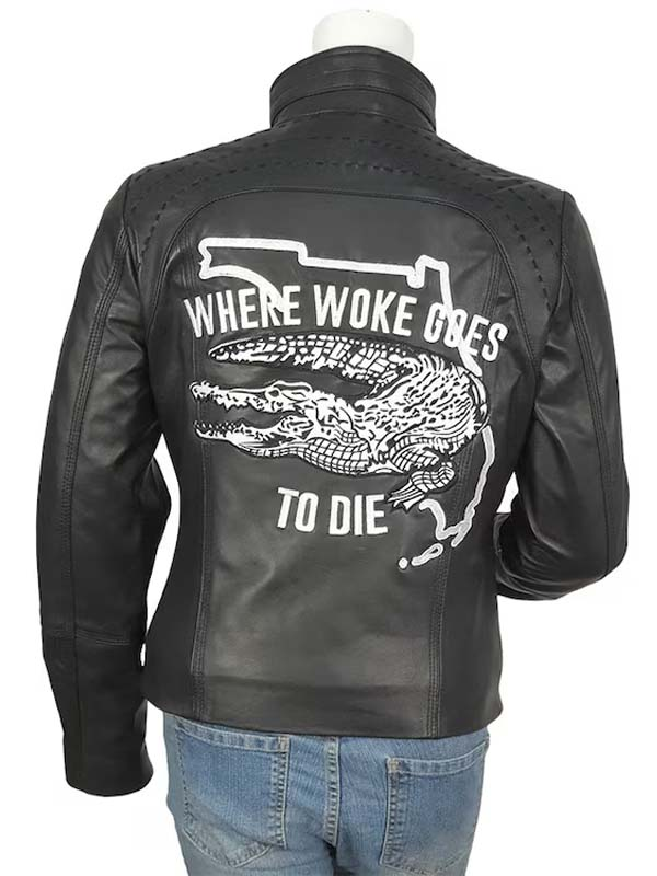 Casey-Desantis-Where-Woke-Goes-To-Die-Black-Leather-Jacket-Back